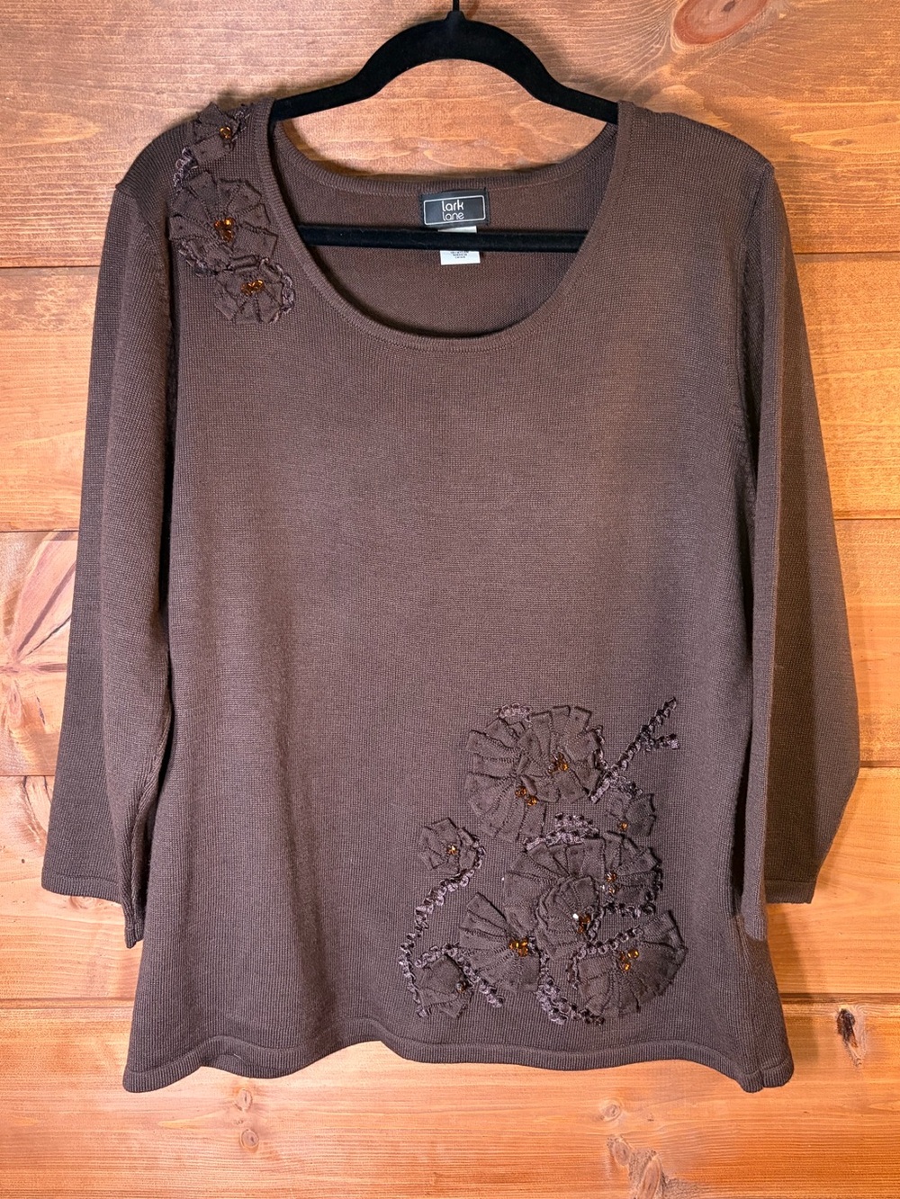 Lark Lane Chocolate Brown 3/4 Sleeve Floral Appliqué Sweater Size Medium 🌸